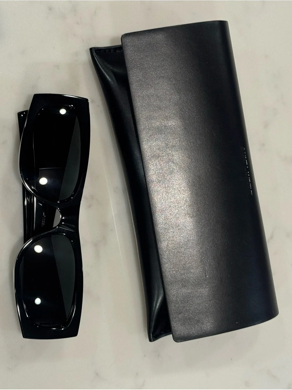 Saint Laurent Glossy Black Rectangular Sunglasses with Gold YSL Logo